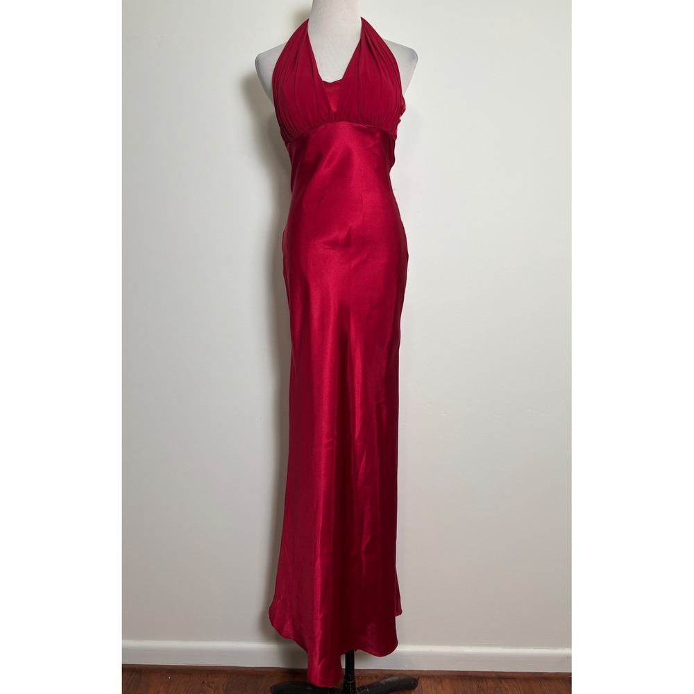 Cache Vintage Halter Dress 4 Red Satin Formal Hollywood Glam Open Ruffle Back